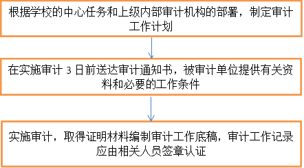 根据学校的中心任务和上级内部审计机构的部署，制定审计工作计划,实施审计，取得证明材料编制审计工作底稿，审计工作记录应由相关人员签章认证,在实施审计3日前送达审计通知书，被审计单位提供有关资料和必要的工作条件